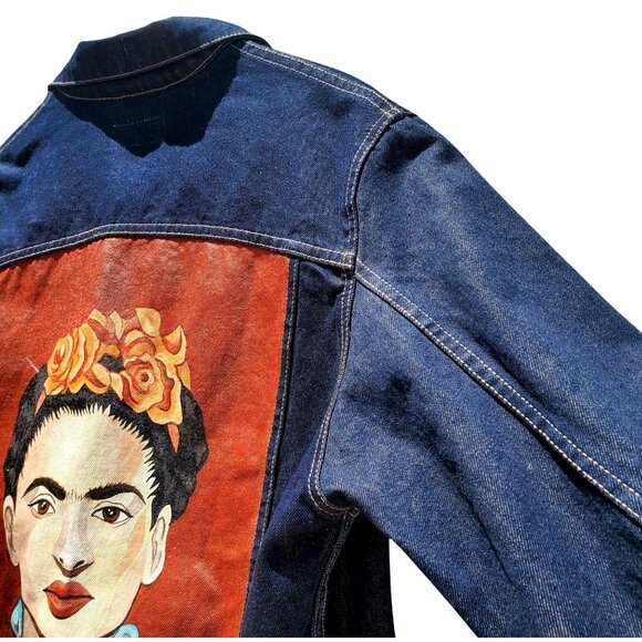 Frida Kahlo Y2K Portrait Denim Trucker Jacket Hand Painted Women L XL / Men M - Picture 3 of 16